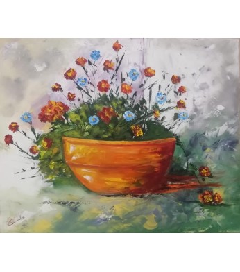 Nature morte - le pot de fleur huile sur toile - format 61x50 cm