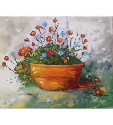 Nature morte - le pot de fleur huile sur toile - format 61x50 cm