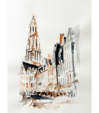 Arras Beffroi - Aquarelle - format 21x29,7 cm - Artiste Otooto