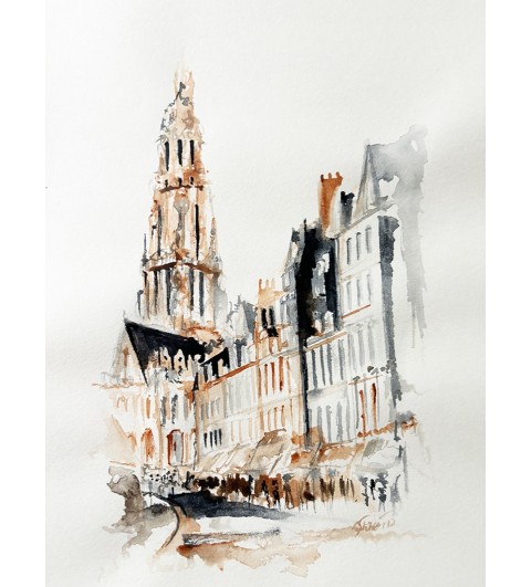 Arras Beffroi - Aquarelle - format 21x29,7 cm - Artiste Otooto